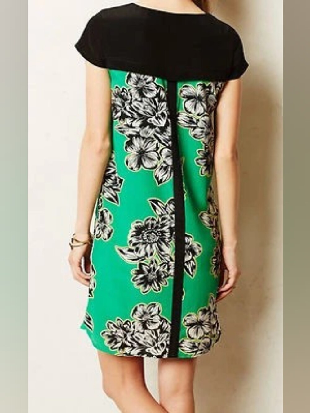 Anthropologie Maeve Silk Floral Shift Mini Dress Green & Black Size 6 - Picture 2 of 8